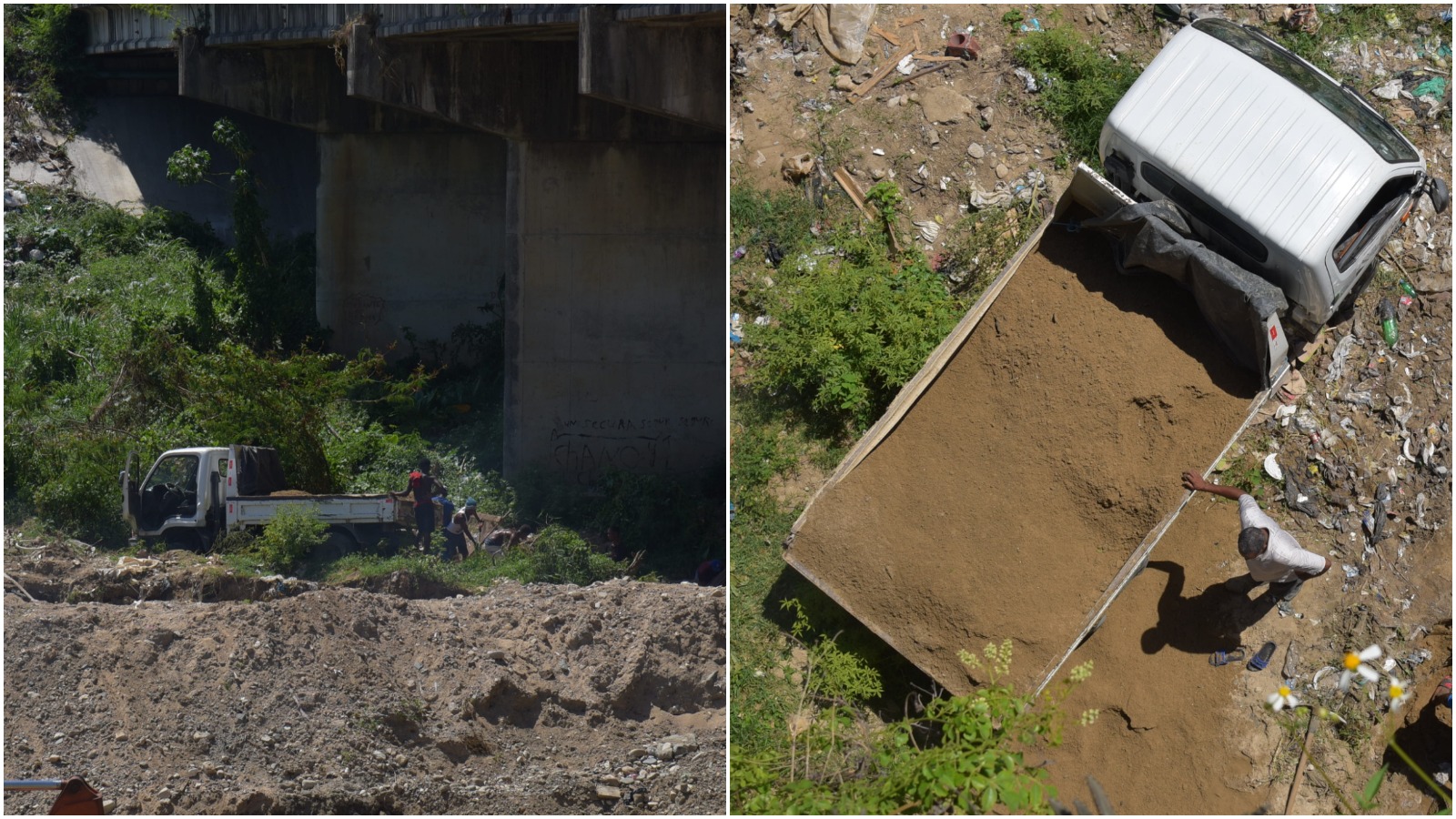 Momento del llenado de un camión debajo de un puente de la Autopista 6 de Noviembre, en San Cristóbal. La arena se extrae del cauce del río Nigua, el 7 de marzo de 2019.