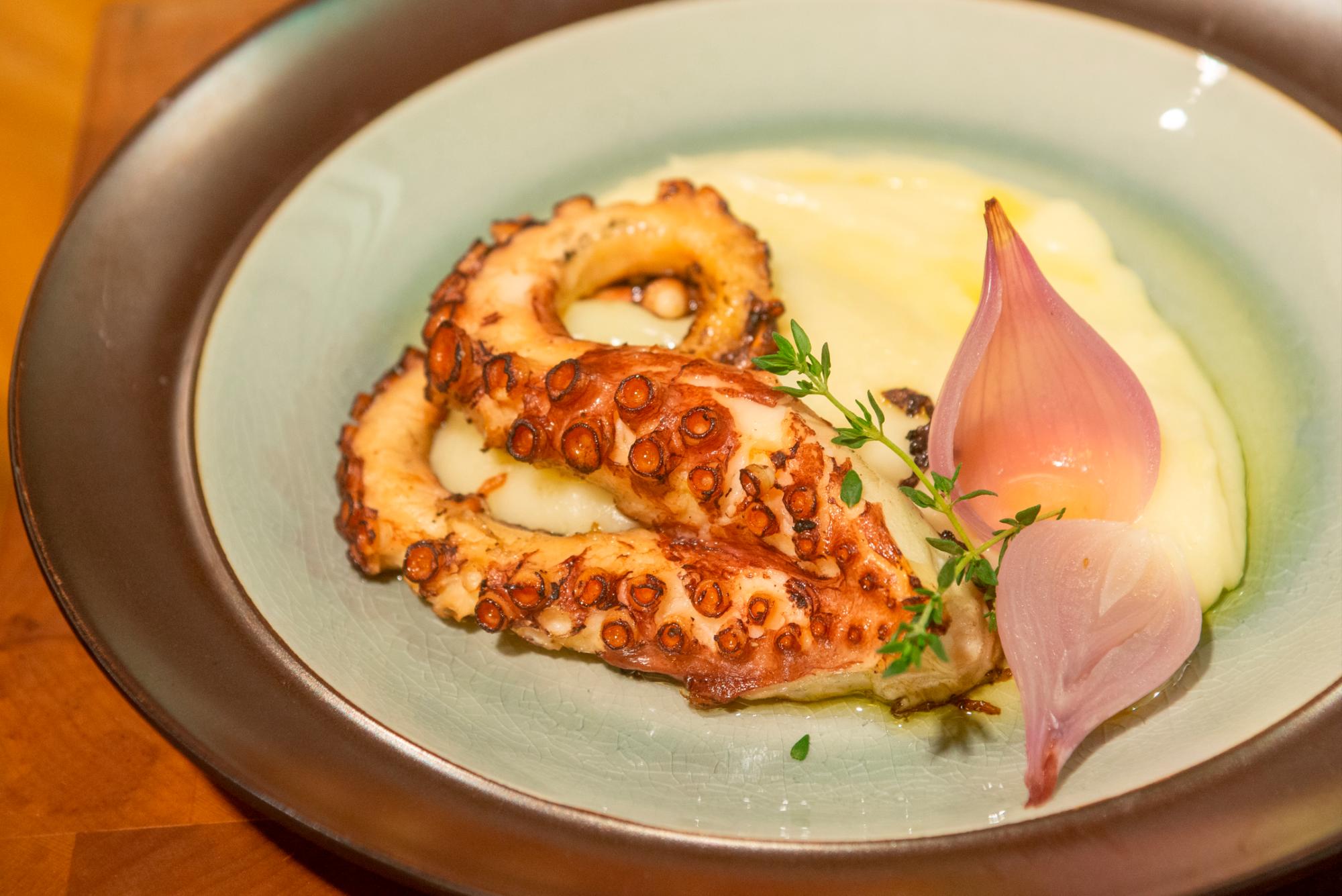 Pulpo a la parrilla con puré trufado de yuca: pulpo cocinado en vino y sellado a la parrilla acompañado de puré de yuca trufado y cebollas tiernas.