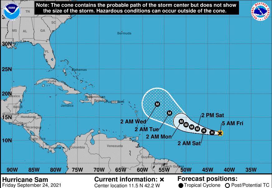 Sam, séptimo huracán de 2021 en el Atllántico y que puede alcanzar categoría mayor este viernes