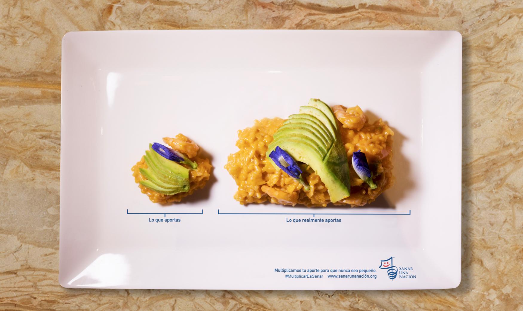 Plato usado en la campaña y un ejemplo de cómo se presentan las porciones.
