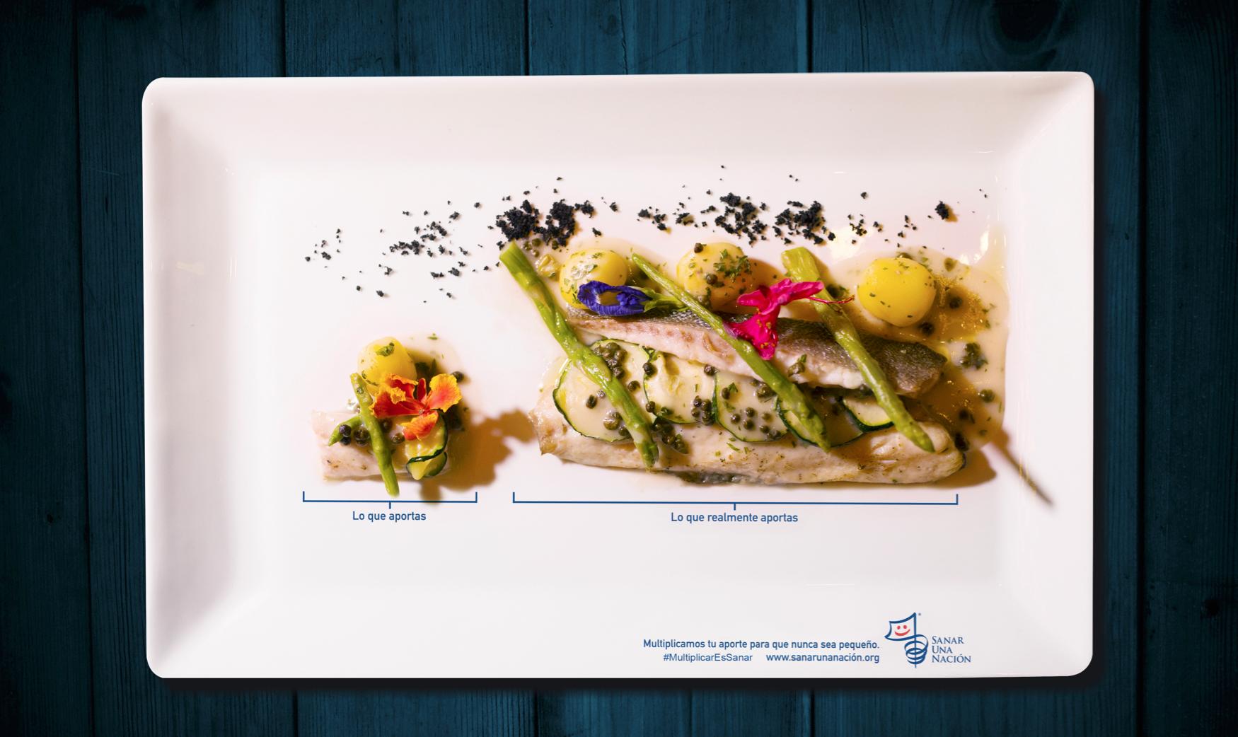 Plato usado en la campaña y un ejemplo de cómo se presentan las porciones.