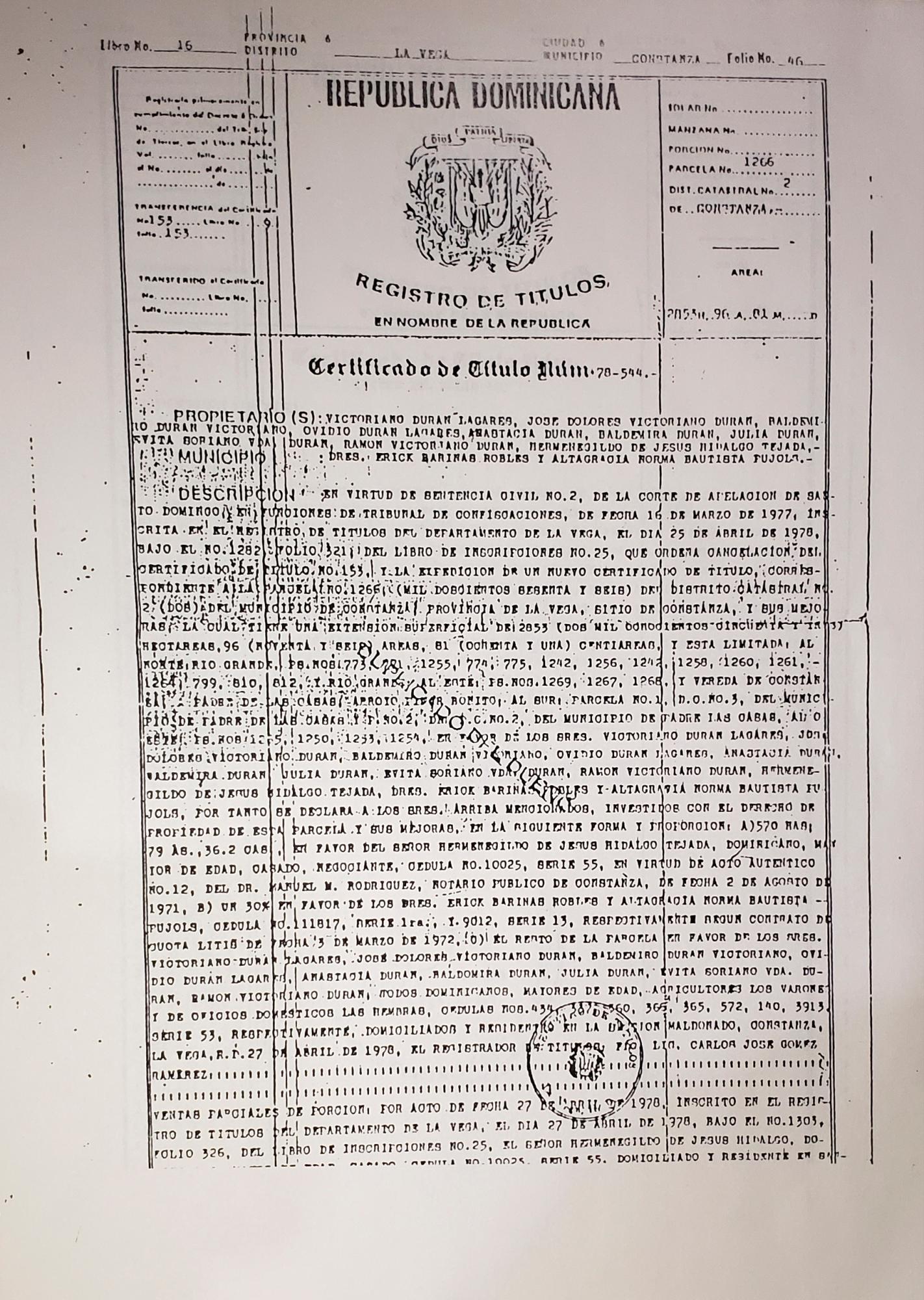 Certificado de Título en favor de la familia Durán en 1977 y compartes luego de cancelado el título en favor de Explotación Maderera de Constanza.