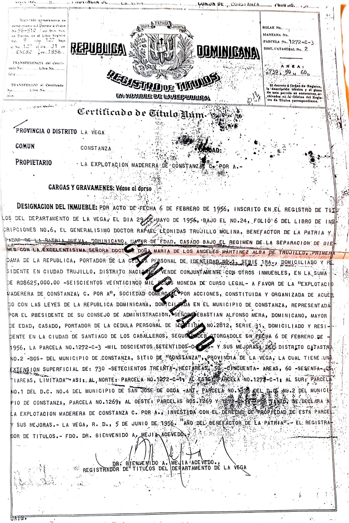 Certificado de Título cancelado a Explotación Maderera de Constanza.