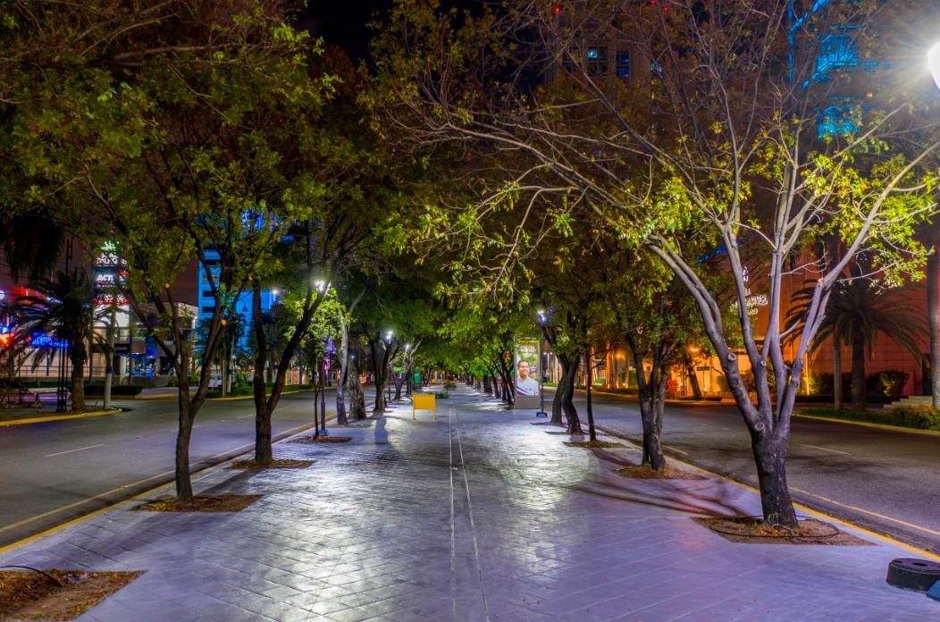 Isleta de avenida Winton Churchill iluminada. 