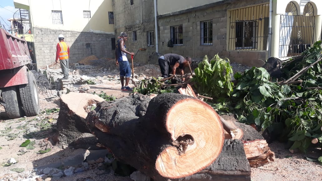 Trabajadores reparan casas afectadas por la explosión. 