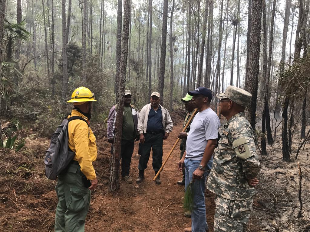 El viceministro Manuel Serrana (segundo a la derecha) supervisando el incendio en Bahoruco.