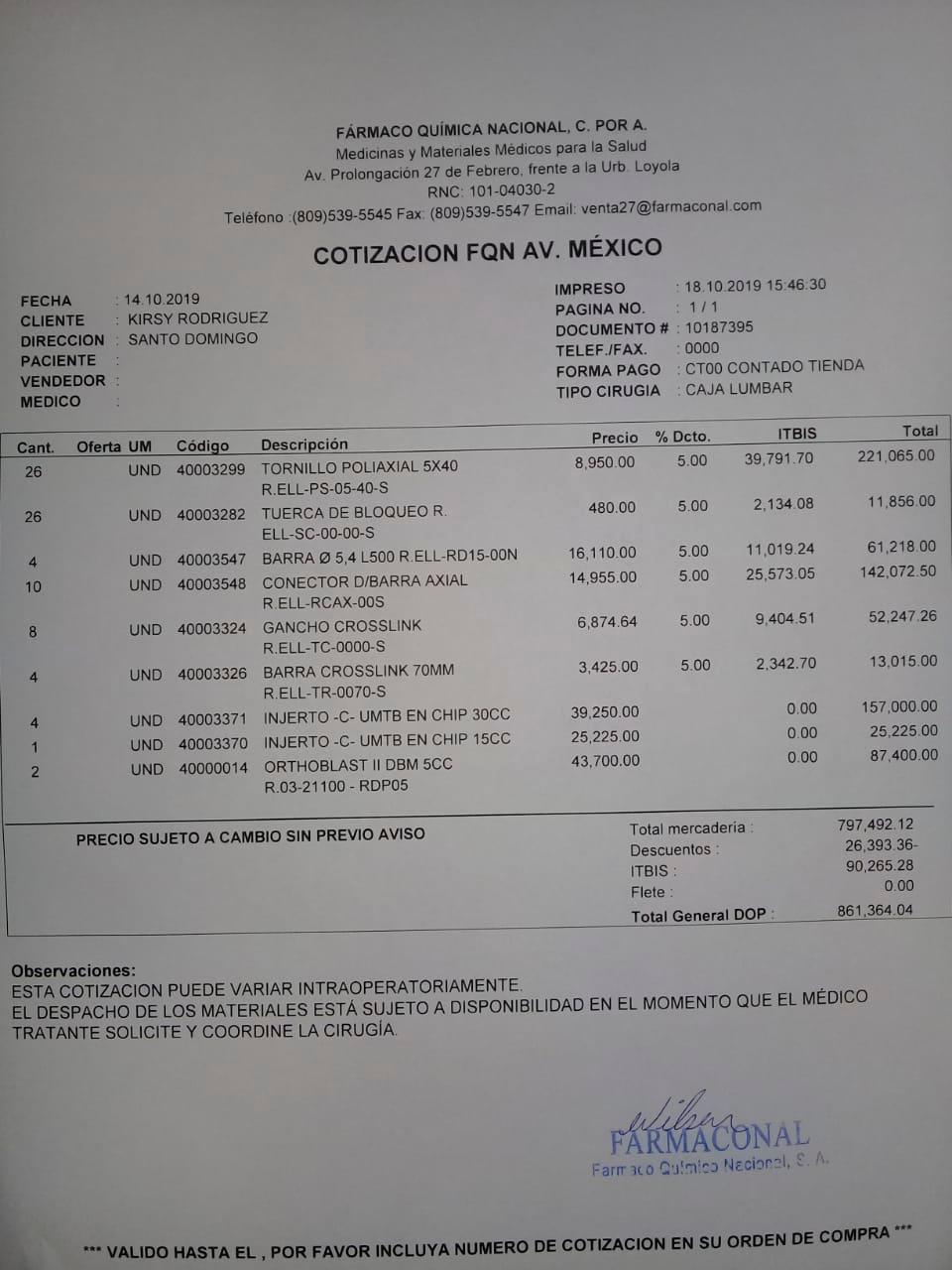Cotización de los gastos operatorios de Kirsy Rodríguez.