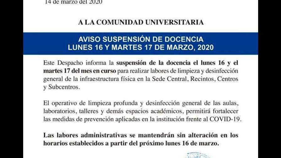 UASD suspende docencia este lunes 16 y martes 17