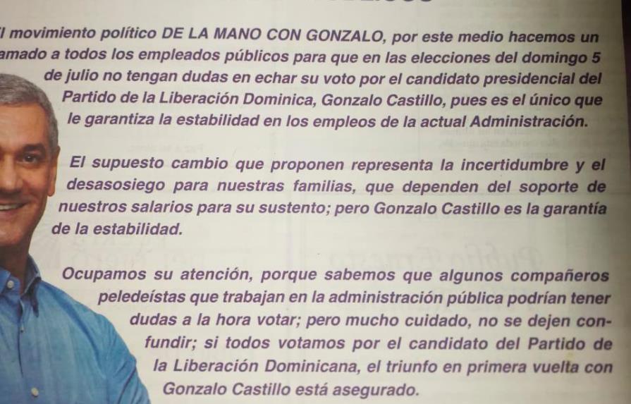 Espacio pagado llama a empleados públicos a votar por Gonzalo Castillo por estabilidad de los empleos