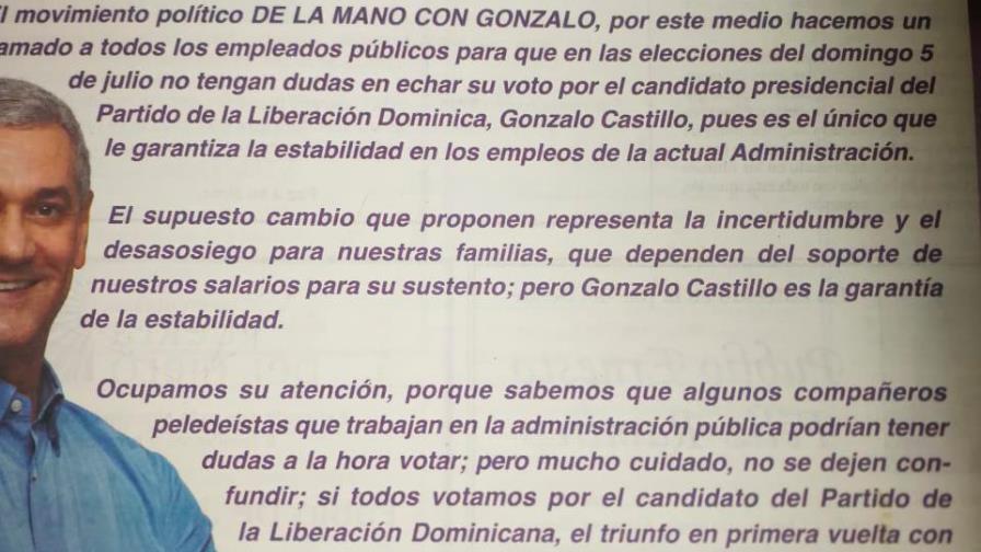 Espacio pagado llama a empleados públicos a votar por Gonzalo Castillo por estabilidad de los empleos Espacio pagado llama a empleados públicos a votar por Gonzalo Castillo por estabilidad de los empleos