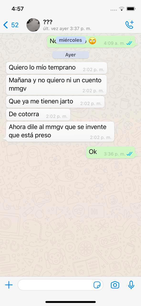 Conversaciones enviadas cobrando el dinero para no publicar el video.