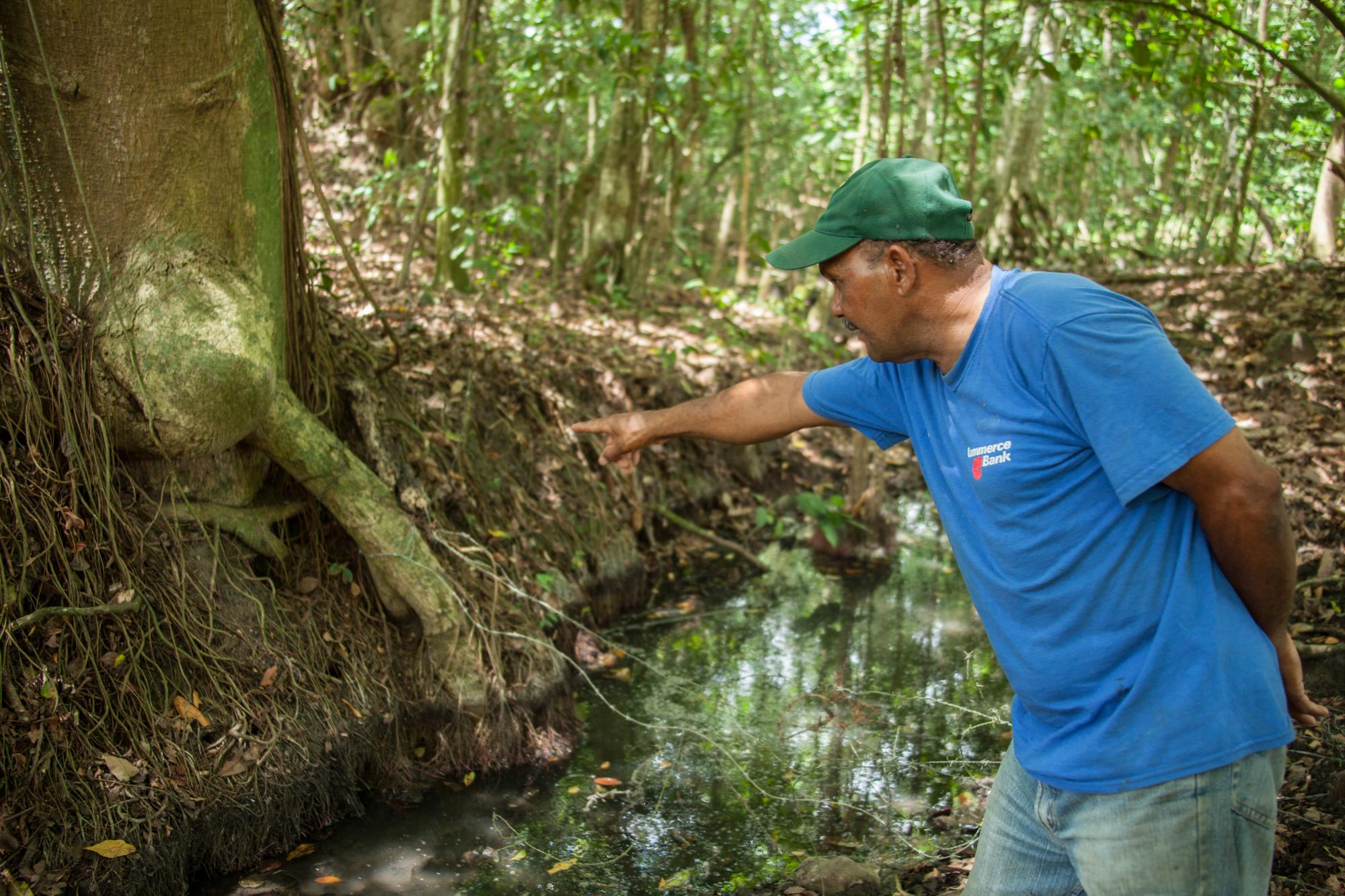 Francis Miguel Aybar señala hasta dónde llegaba el agua del arroyo.