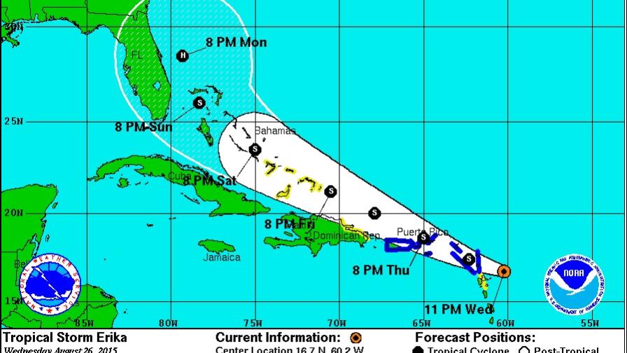 Ocho provincias en alerta verde; ONAMET indica pronóstico de trayectoria de Erika cambia hacia el norte