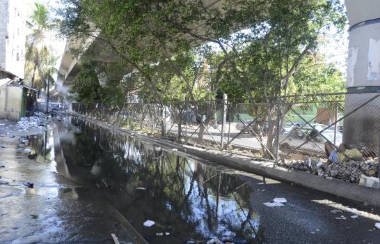 Un charco lleno de basura se forma bajo el elevado de la 27 con Duarte 