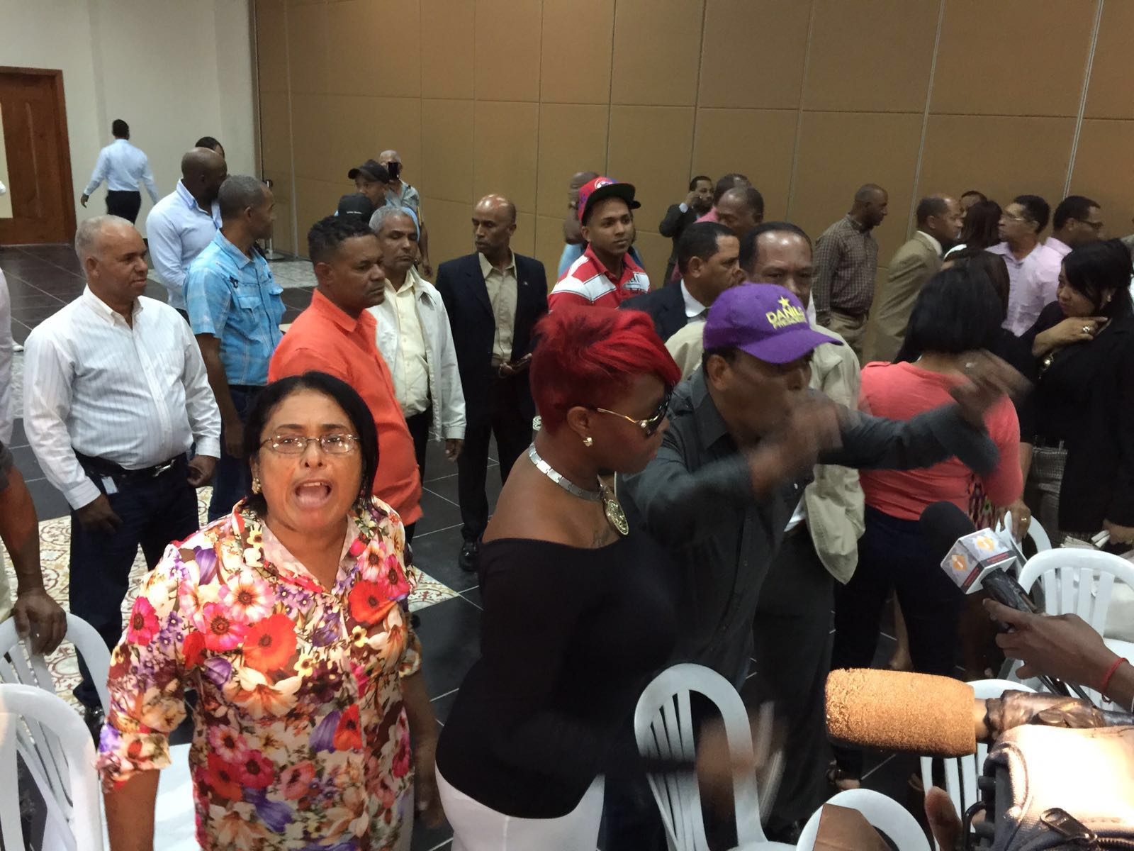 Seguidores de Alfredo Martínez gritan “abusadores” a integrantes de la Comisión Nacional Electoral del PLD.