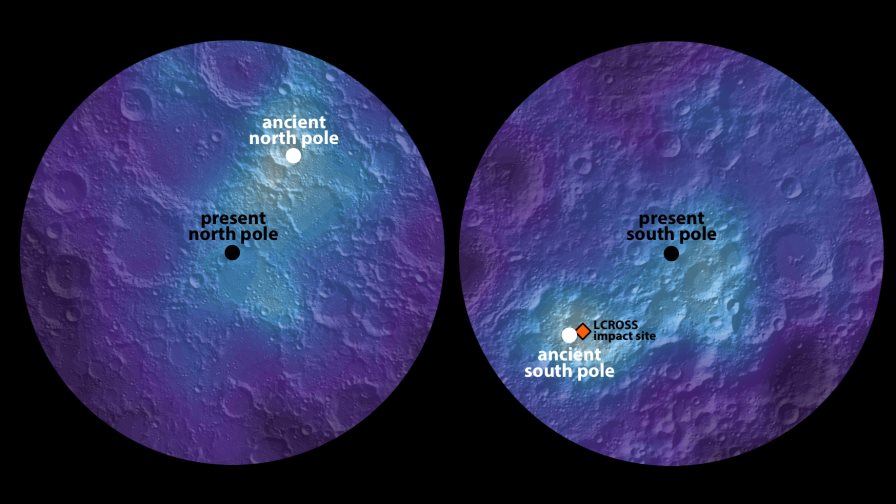 El hidrógeno de los polos de la Luna indica modificaciones en eje de rotación