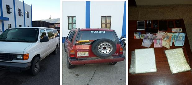 Droga, celulares, cédulas y dinero incautados y vehículos retenidos.