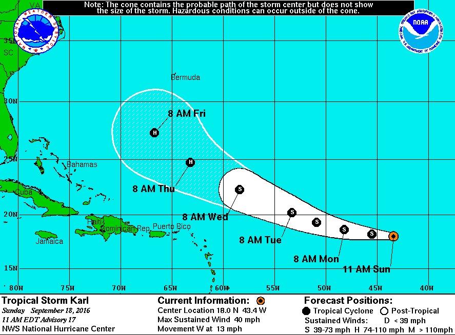 La tormenta tropical Karl se fortalecerá en su ruta hacia el oeste