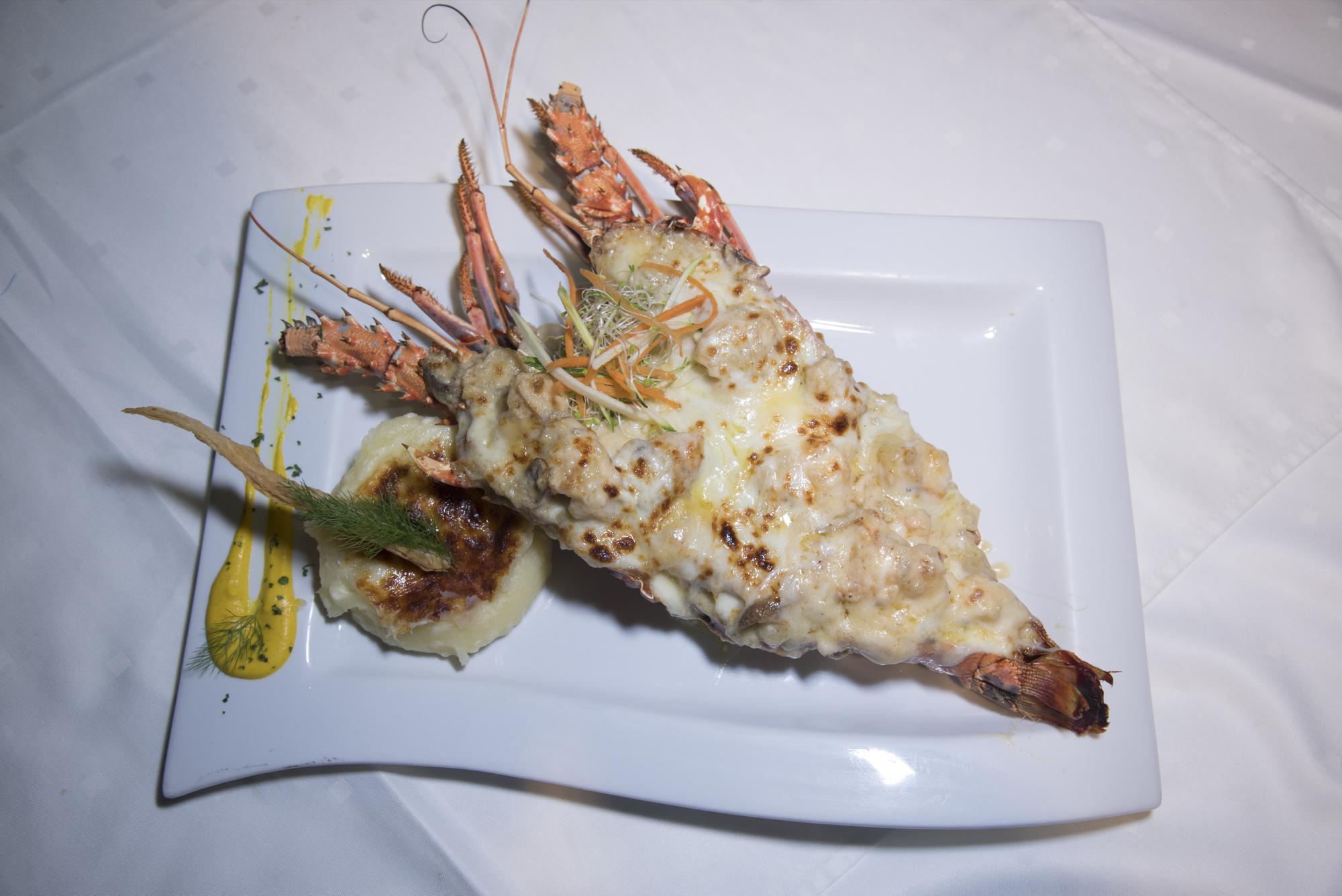 Langosta a la termidor. En salsa de crema estragón, gratinada, con un poco de vino blanco; hongos y mostaza dijon.