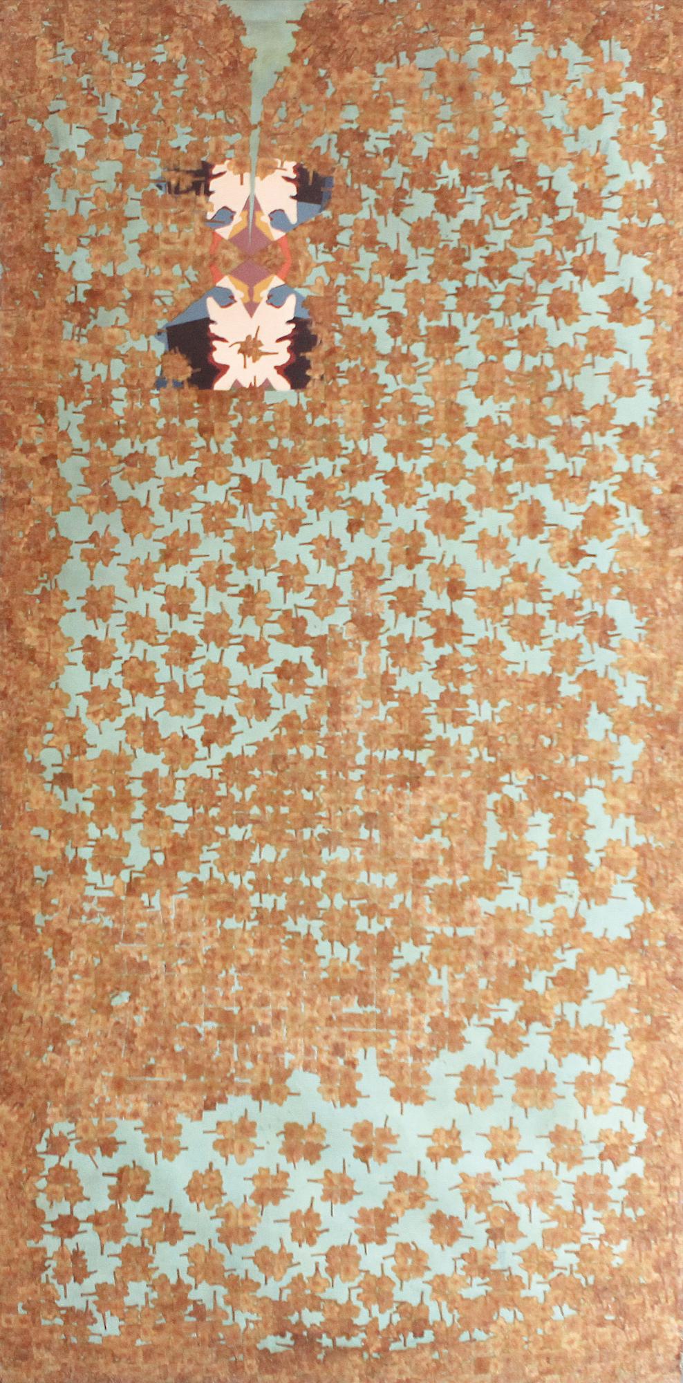 AUTORRETRATO, de Frank Lara. Ganador, 2016/Formato: 40” x 80”/Material: Acrílico junto a flores de cordia sebestena deshidratadas y selladas con gel médium.