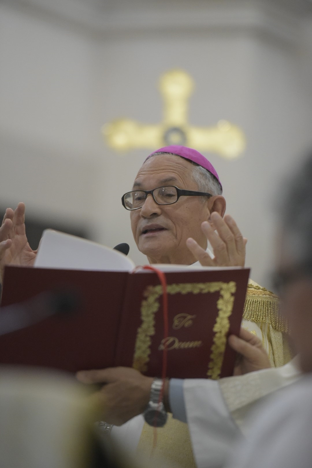 El obispo auxiliar del Arzobispado de Santiago, monseñor Plinio Valentín Reynoso, durante el tedeum con motivo de la conmemoración de la Batalla 30 de Marzo de 1844.