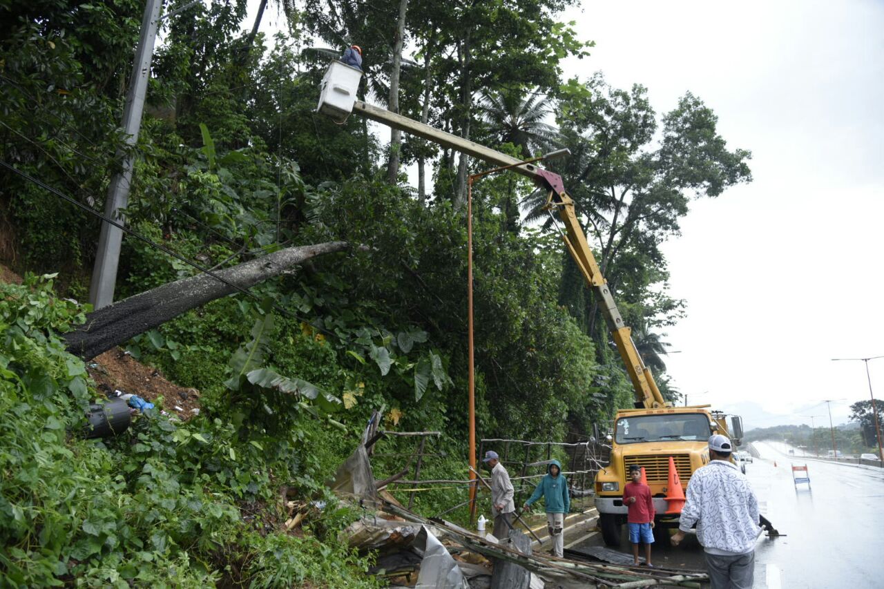 Trabajadores de empresas eléctricas realizan adecuaciones a los tendidos eléctricos tras las lluvias. 