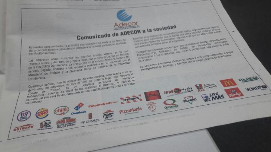 Establecimientos comerciales piden diálogo para fijar posición única sobre el 10% de propina Establecimientos comerciales piden diálogo para fijar posición única sobre el 10% de propina