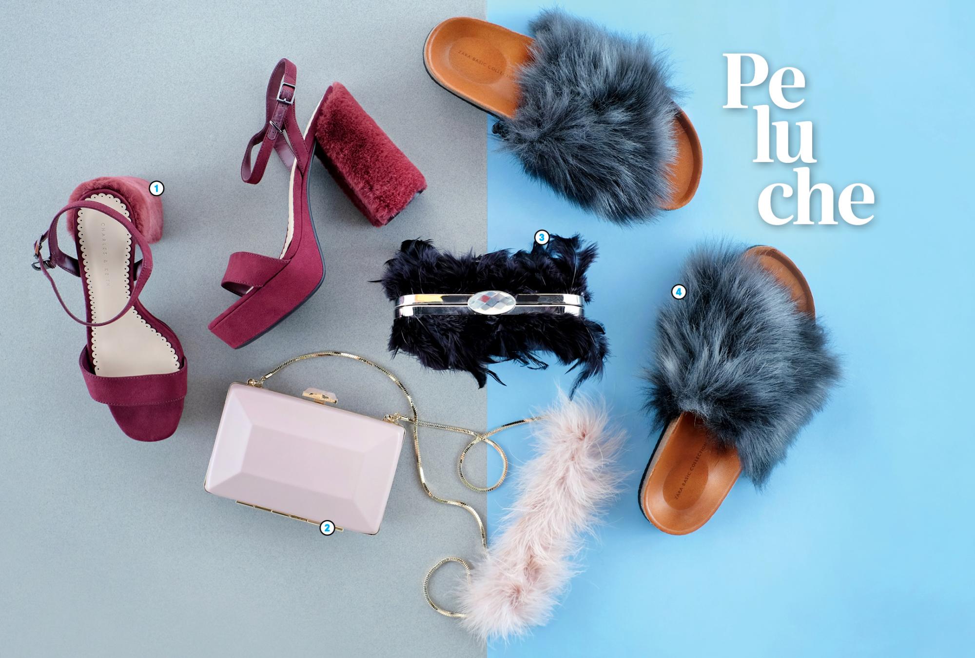 Sandalias en suede de Charles & Keith, Clutch “Carmen” de @petuniadr, Pool sandals de Zara, Clutch con cadena en metal y pelo de Charles & Keith.