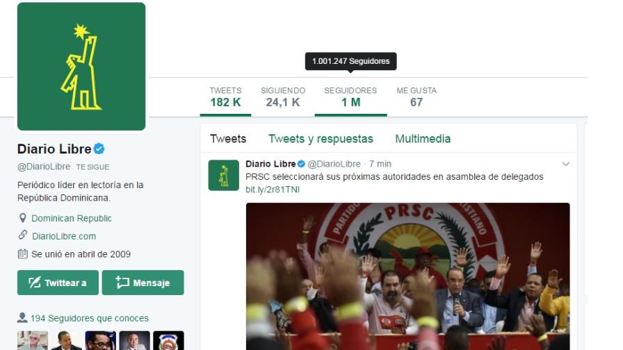 Diario Libre sobrepasa en Twitter el millón de seguidores Diario Libre sobrepasa en Twitter el millón de seguidores