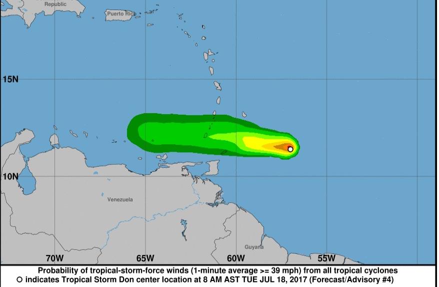 Tormenta tropical Don se debilita en su avance por el sureste del Caribe