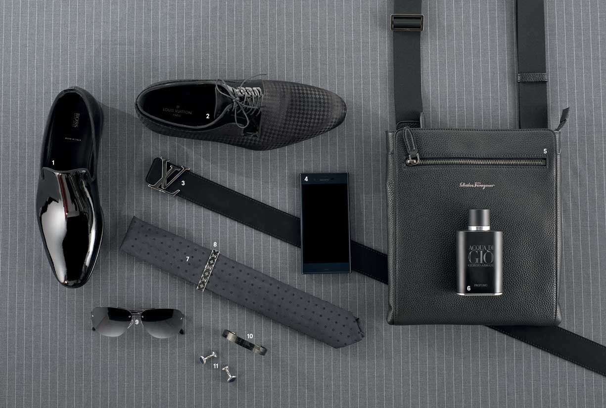 Elegante. 1,7,10 y 11. Calzado en charol, corbata con aplicaciones, pulsera y gemelos en metal, de Hugo Boss. 2, 3, 8 y 9. Calzado estampado de charol, cinturón en piel y hebilla, pisa corbata en metal y gafas de sol, de Louis Vuitton. 4. Celular Sony Xperia XZ. 5. Bolso en piel, de Salvatore Ferragamo. 6. Perfume Acqua Di Gio de Giorgio Armani, de Senses.
