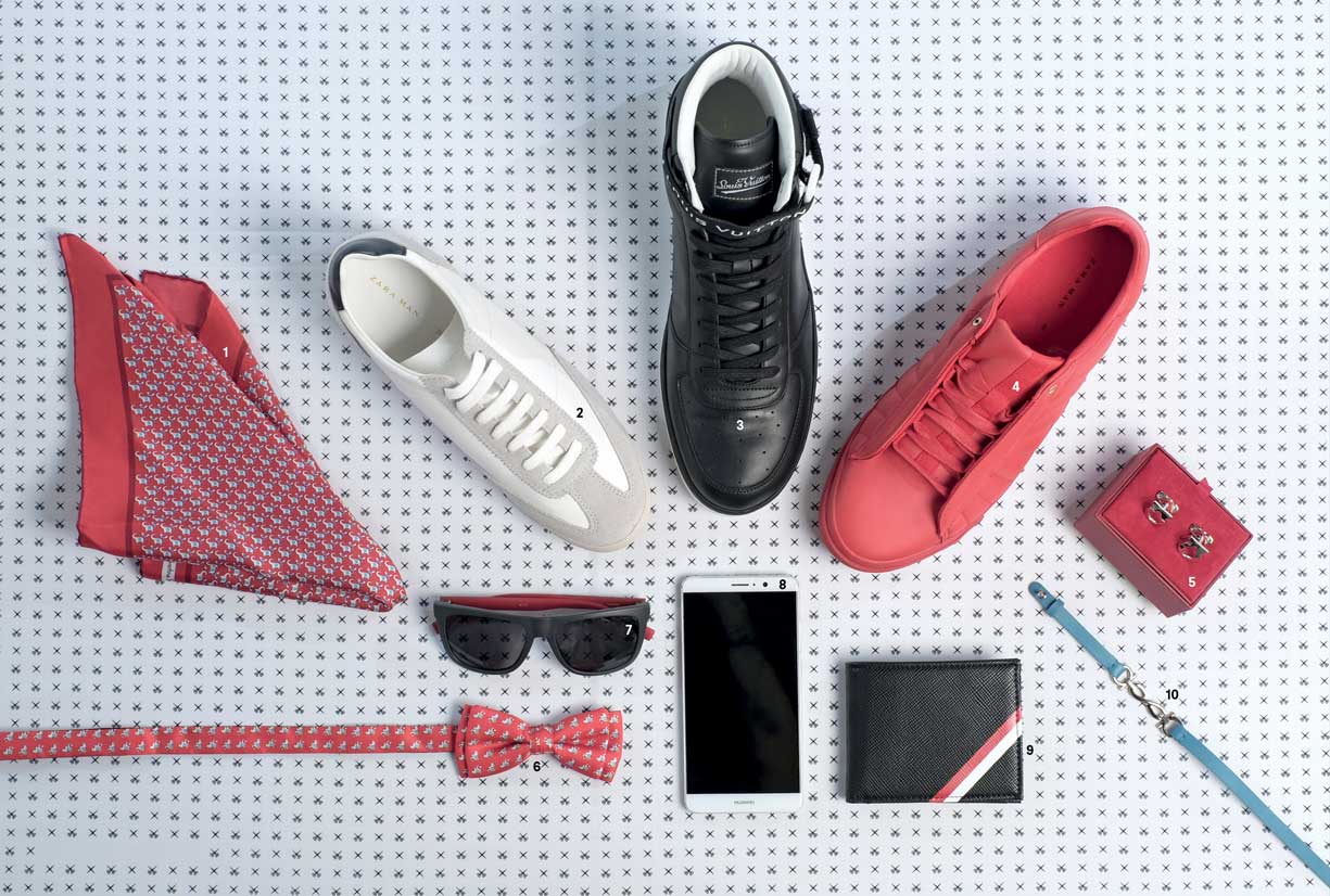 Deportista. 1,5,6 y 10. Pañuelo de seda, gemelos en metal, corbatín de seda y pulsera en piel y hebilla, de Salvatore Ferragamo. 2,4 y 9. Calzados deportivos y cartera a rayas, de Zara. 3. Calzado deportivo, de Louis Vuitton. 7. Gafas de sol, de Hugo Boss. 8. Celular Huawei Mate 9.