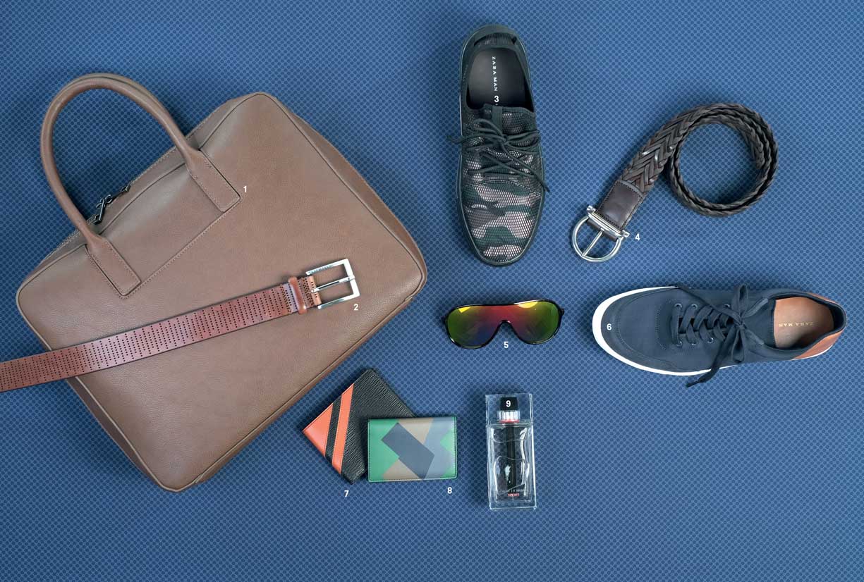 Relajado. 1,3,5 y 6. Maletín, tenis con estampado de camuflaje,  gafas de sol y calzado deportivo, de Zara. 2 y 7. Cinturón y cartera en piel, de Hugo Boss. 4 y 8. Cinturón trenzado en piel y cartera estampada, de Salvatore Ferragamo. 9. Perfume Dior Homme Sport, de Senses.