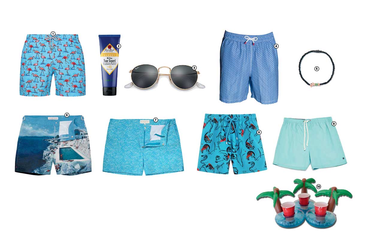 Verano azul. 1. Flamencos bluemint.com USD$125. 2. Protector solar SPF 45 Jack Black USD$21. 3. Lentes de sol redondos de metal Ray-Ban ray-ban.com USD$150. 4. Bañador Hackett London US$110. 5. Pulsera Hula Girl vanessaarizaga.com USD$100. 6. Fotográfico de Roc Pool orlebarbrown.com USD$345. 7. Brisa azul bluemint.com USD$140. 8. Con camarones japoneses Vilebrequin vilebrequin.com USD$250. 9. Básicos cortos zara.com USD$19.99. 10. Isla con palmeras inflable para tragos GoFloats amazon.com USD$8.99.