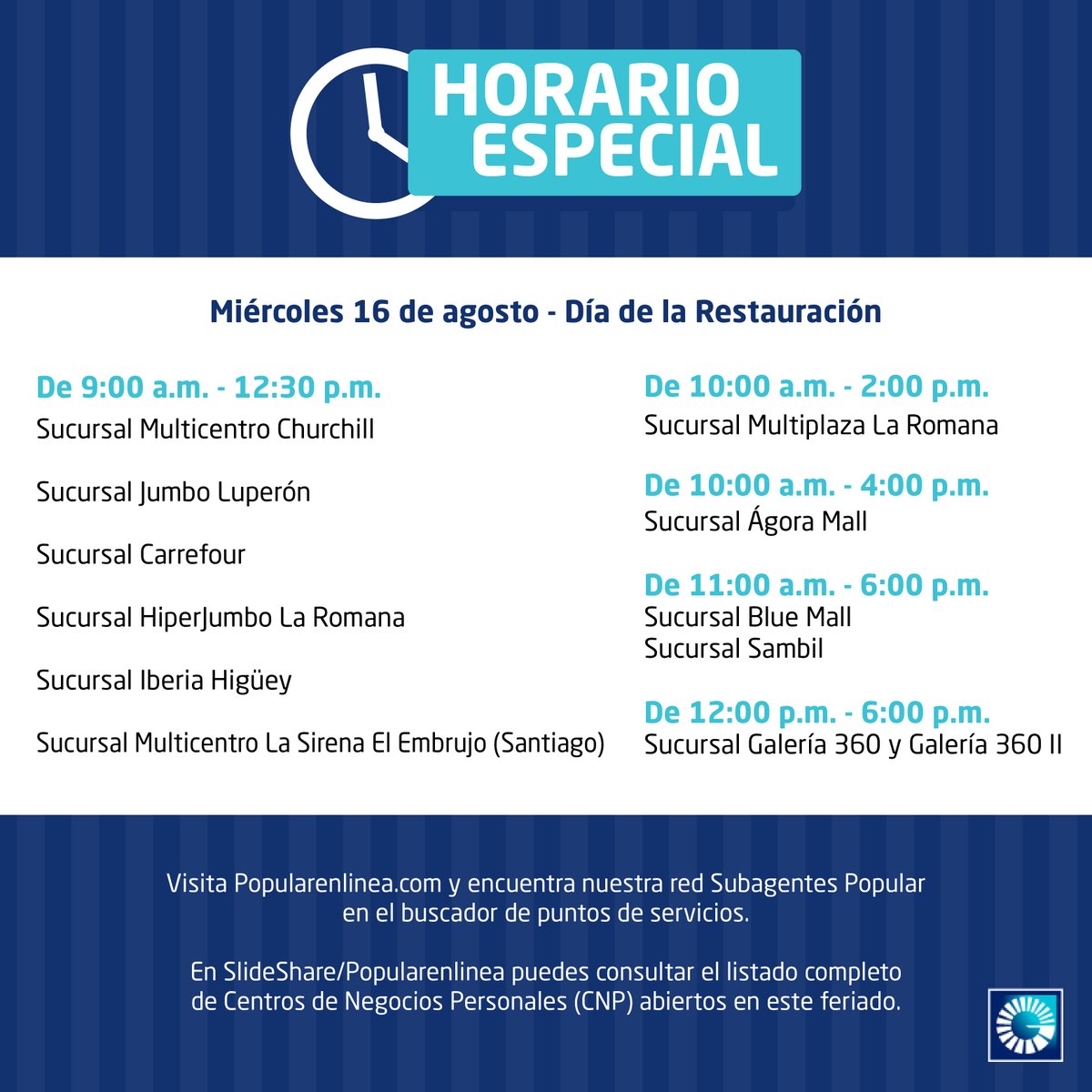 Horario especial del Banco Popular.