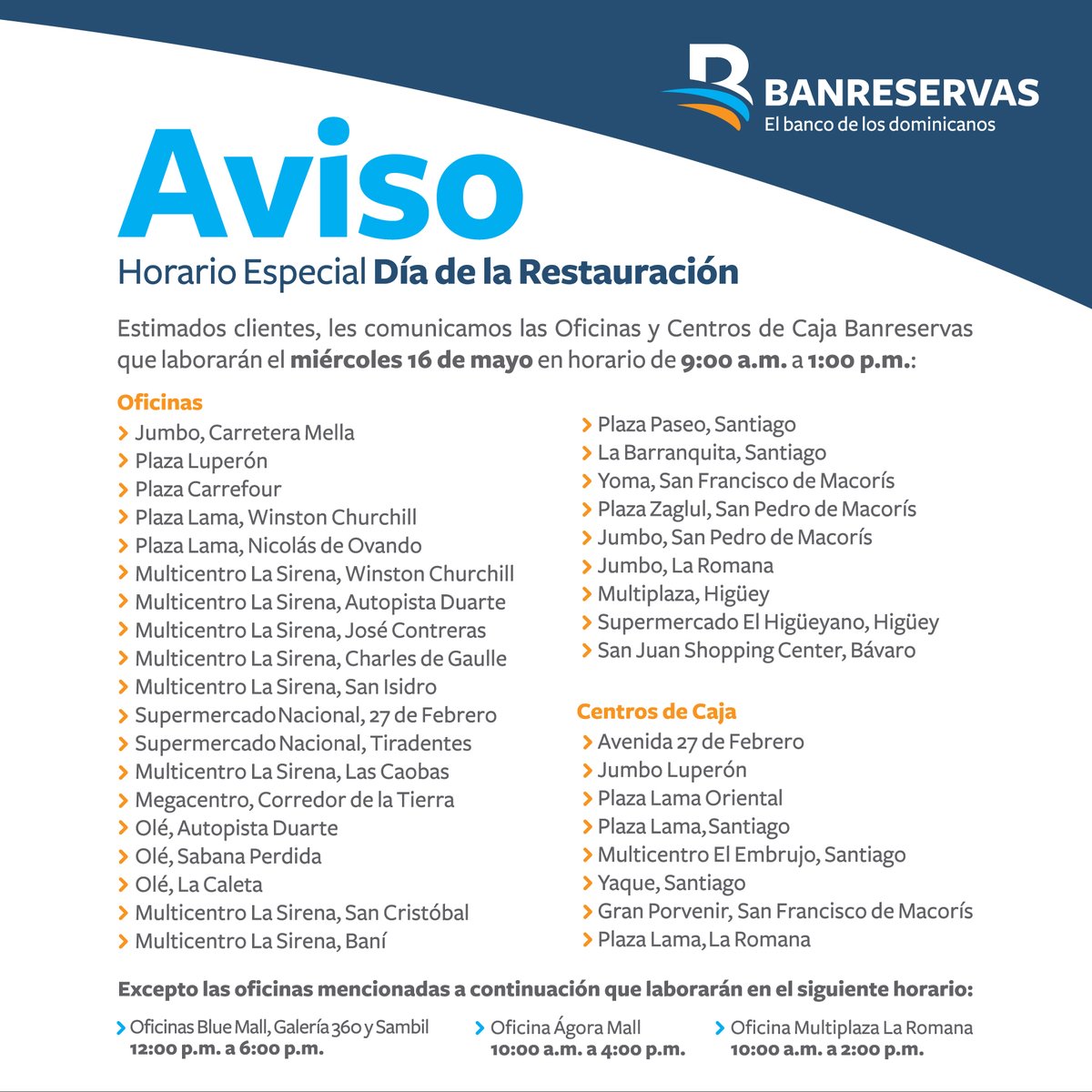 Horario especial del Banreservas.
