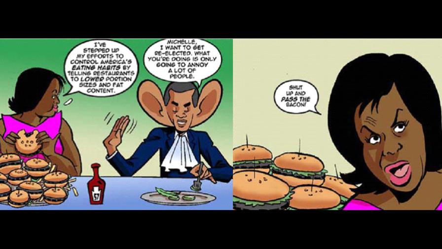 Caricaturas ridiculizan a Michelle Obama y su campaña contra obesidad