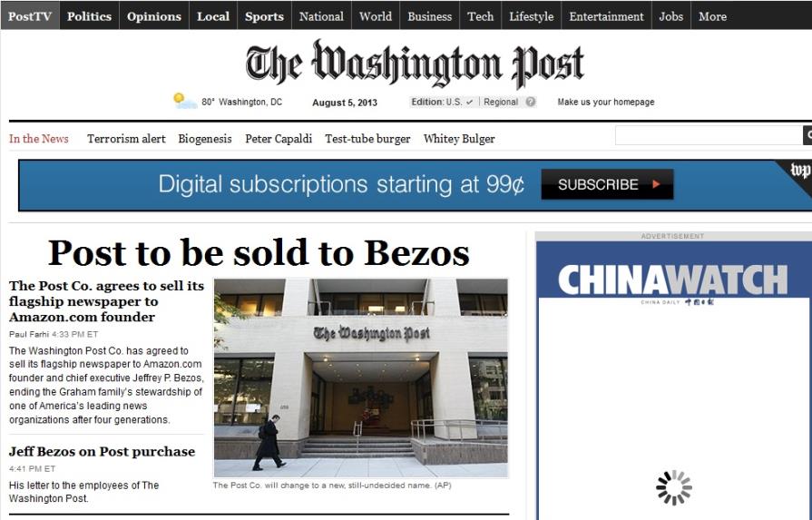 Dueño de Amazon compra The Washington Post por US$250 millones